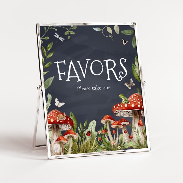 Poster Sinal de Favor de Cogumelo Florestal Encantado Whi (Rustic Mushroom Baby Shower Favors Sign)