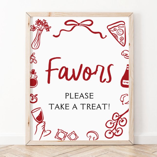 Poster Sinal de Favor de Pizza e Massa Desenhada à Mão It (Red Italian Hand Drawn Pizza Pasta Favors Sign)