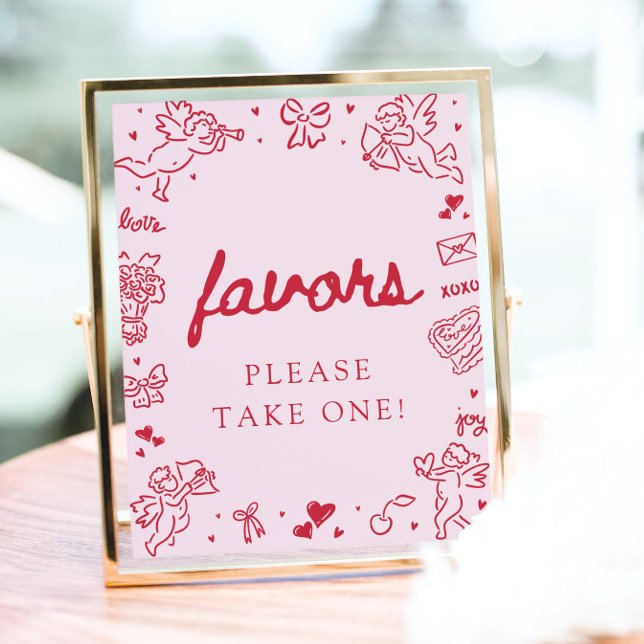 Poster Sinal de Favor de São Valentim Moderno Desenhado à (Pink Hand Drawn Modern Valentine Favors Sign)
