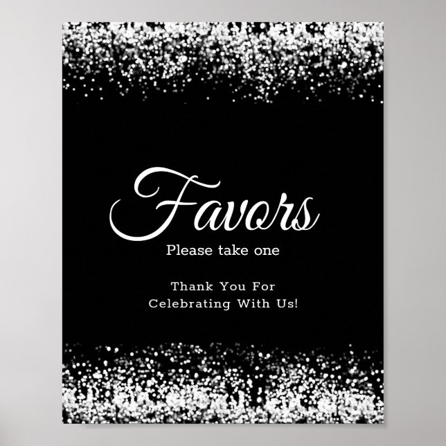 Poster Sinal de Favor do Casamento de Silver Preto Elegan (Frente)