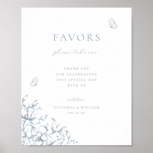 Poster Sinal de Favor do Casamento Floral Dusty Blue (Frente)