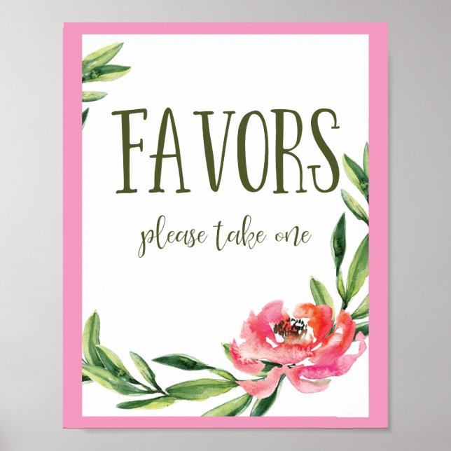 Poster Sinal de Favor Floral de Aquarela Rosa e Verde (Frente)