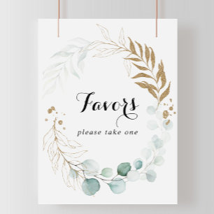 Poster Sinal de Favor Floral Dourado de Eucalipto Rústico