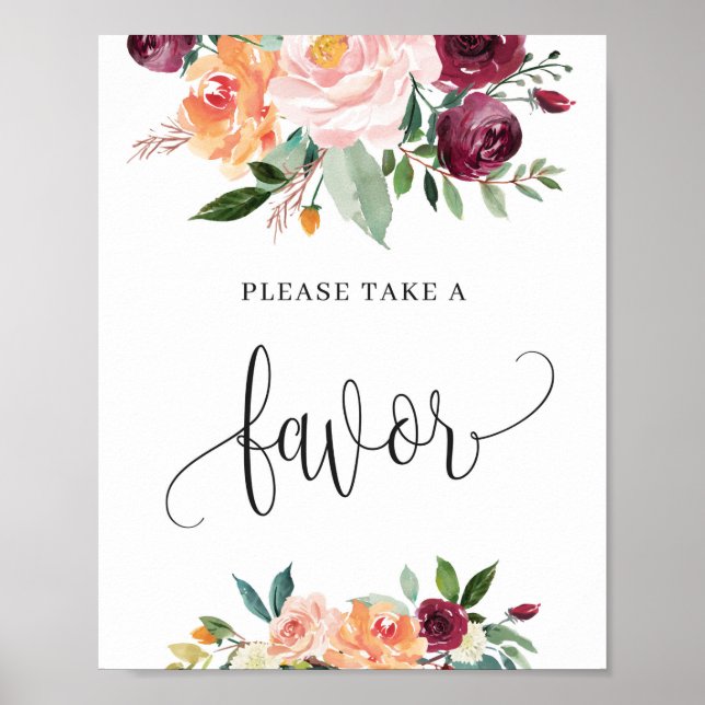 Poster Sinal de favor floral laranja burgundy de outono (Frente)