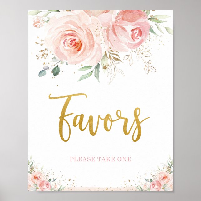 Poster Sinal de Favor Rosa Floral Chic Folhagem Dourada (Frente)