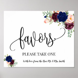 Poster Sinal de favores de casamento boho chic azul marin