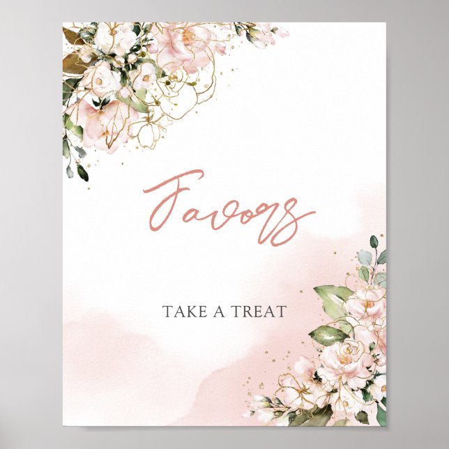 Poster Sinal de favores moderno boho floral rosa dourado (Frente)