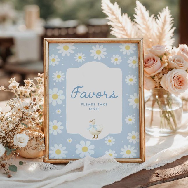 Poster Sinal de Favorito do Chá de fraldas Ganso Bobo Azu (Blue Silly Goose and Daisy Favors Baby Shower Sign)