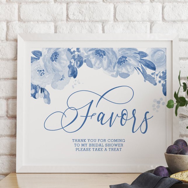 Poster Sinal de Favoritos Azuis Floral Dusty Elegante (Favors Table Sign from my Dusty Blue Watercolor Floral Bridal Shower)