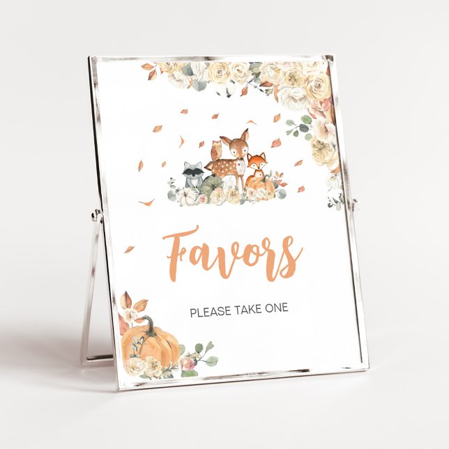 Poster Sinal de Favoritos de Animais da Floresta Floral (Floral Woodland Animals Baby Shower Favors Sign)