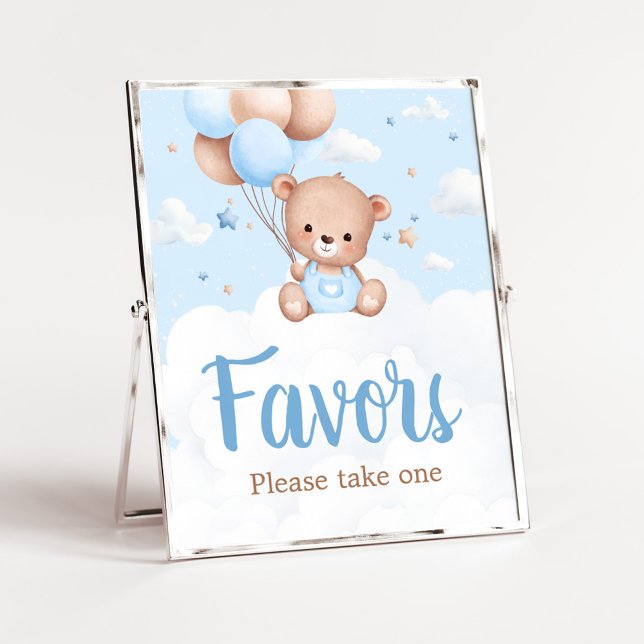 Poster Sinal de Favoritos do Chá de fraldas do Urso Azul (Blue Boy Teddy Bear Clouds Balloon Baby Shower Sign)