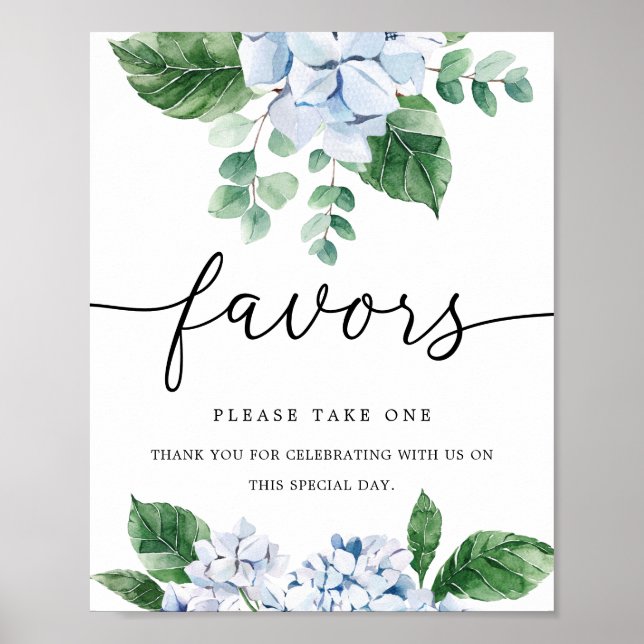 Poster Sinal de Favors de Hortênsia Azul Floral (Frente)