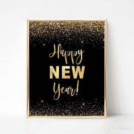 Poster Sinal de feliz ano novo Preto e Dourado Fatiador