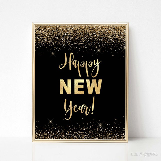 Poster Sinal de feliz ano novo Preto e Dourado Fatiador (Happy New Year Party Sign, Black & Gold Glitter Confetti Theme)
