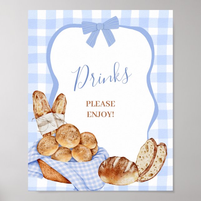 Poster Sinal de festa de bebidas de xadrez gingham azul (Frente)