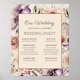 Poster Sinal de festa de casamento roxo e rosa creme