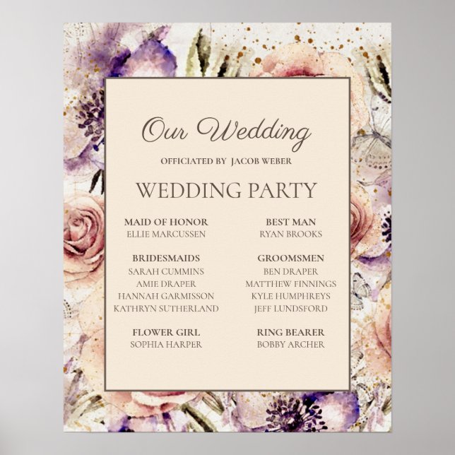 Poster Sinal de festa de casamento roxo e rosa creme (Frente)