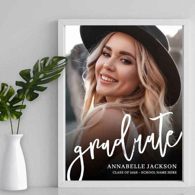 Poster Sinal de festa de formatura com foto simples preto (Black White Simple Photo Graduation Party Sign)
