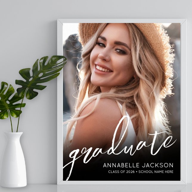 Poster Sinal de festa de formatura com foto simples preto (Black White Simple Photo Graduation Party Sign)