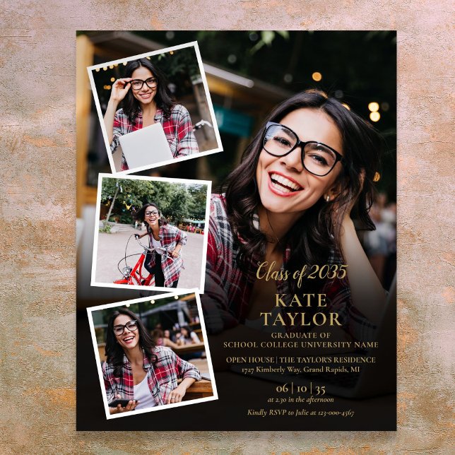 Poster Sinal de Festa de Formatura em Colagem de 4 Fotos  (4 Photo Collage Gold Graduation Party Sign)