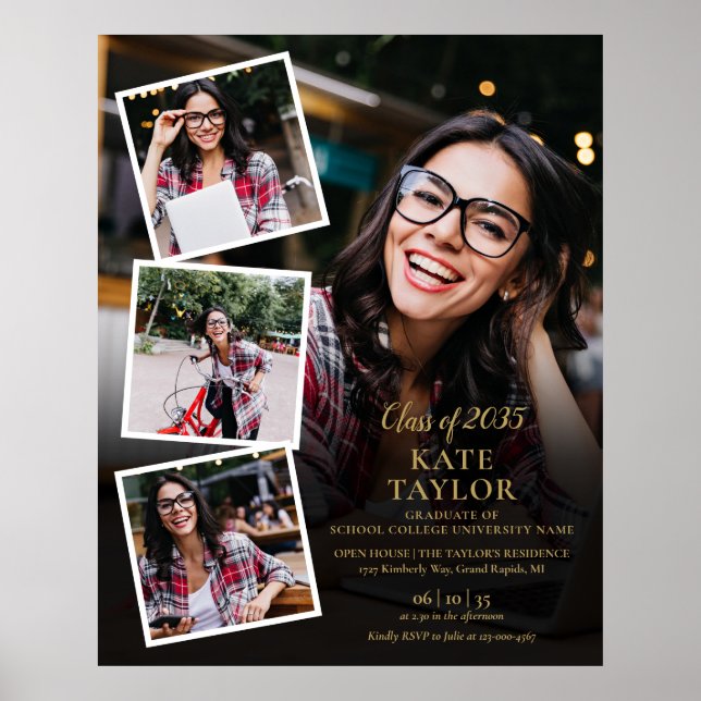 Poster Sinal de festa de formatura em ouro com 4 fotos em (Frente)