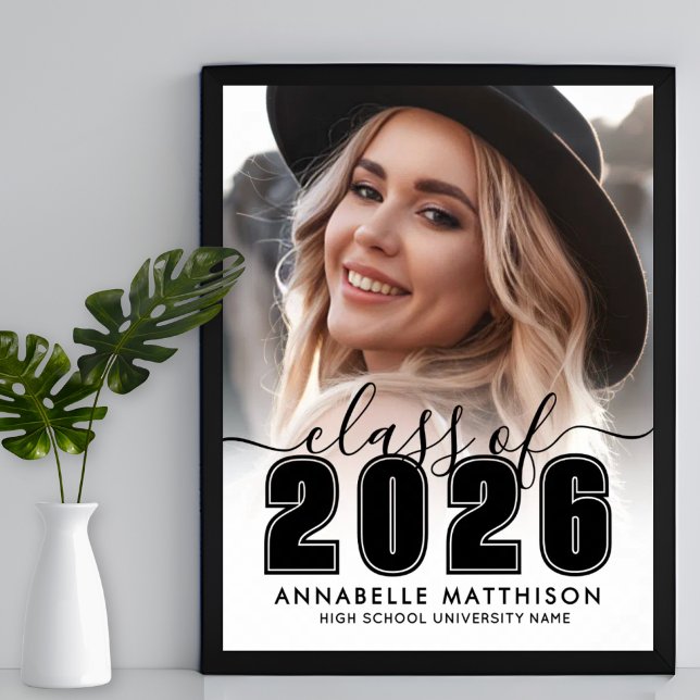 Poster Sinal de festa de formatura preto e branco para fo (Photo Black White Graduation Party Sign)