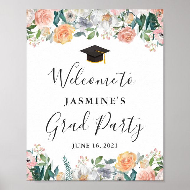 Poster Sinal de festa de graduação de rosas de jardim (Frente)