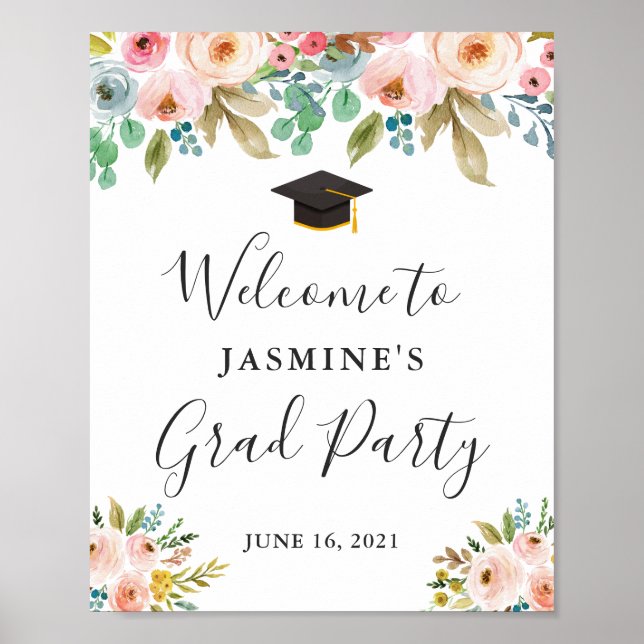 Poster Sinal de festa de graduação floral chic fresco aqu (Frente)