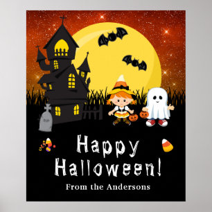 Poster Sinal de festa de Halloween bruxa fantasma laranja