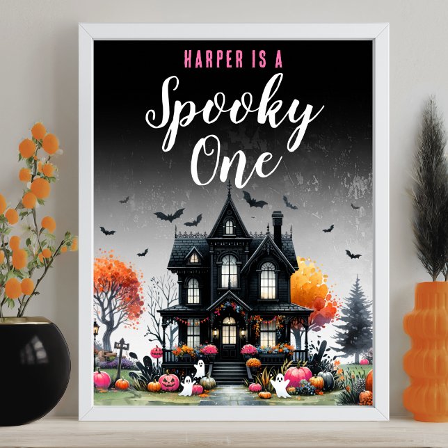 Poster Sinal de Festa de primeiro aniversario de Dia das  (Spooky One Pink Halloween 1st Birthday Party Sign )