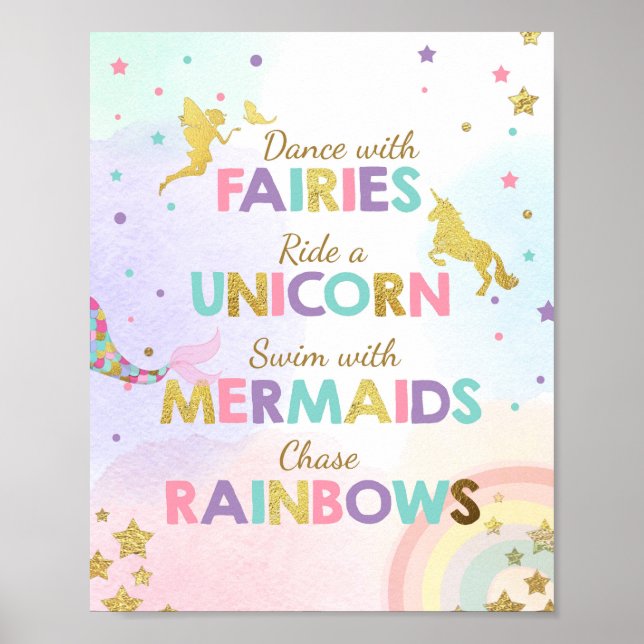 Poster Sinal de Festa do Unicórnio Dançar Com Fadas Menin (Frente)