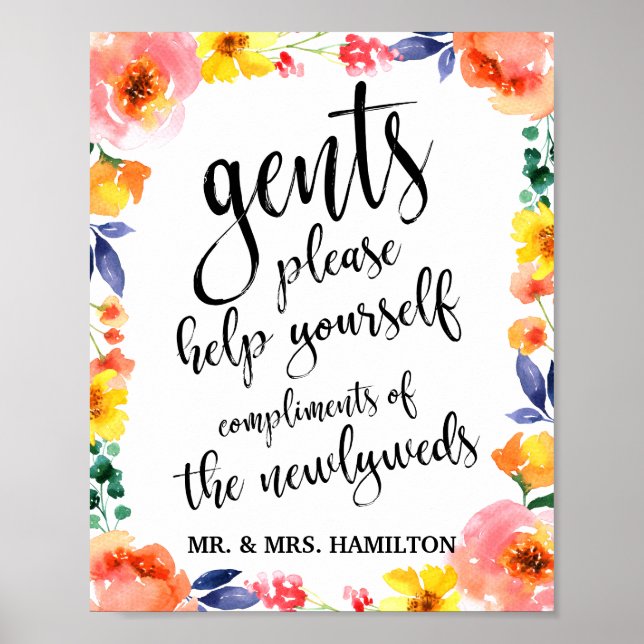 Poster Sinal de Floral 8x10 de Banheira de Casamento Gent (Frente)