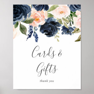 Poster Sinal de Flores Rosa e Azul Marinho Cartões e Pres