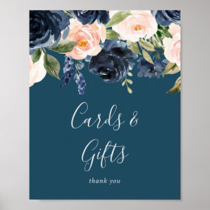 Poster Sinal de Flores Rosa e Azul-Marinho para Cartões e