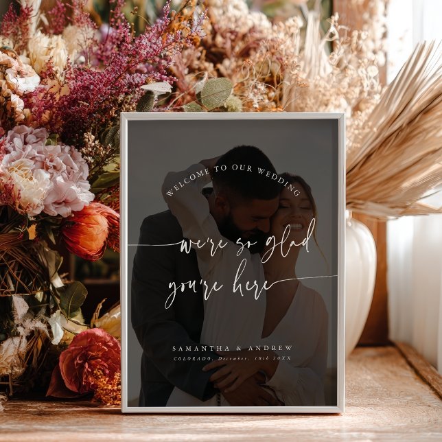 Poster Sinal de Foto de Casamento com Escrita Branca Mini (Modern Minimal White Script Wedding Photo Sign)