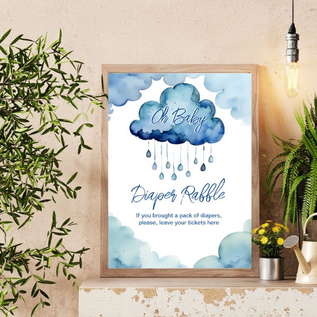 Poster Sinal de fralda da nuvem de bebê (Oh Baby cloud baby shower diaper raffle sign cute blue whimsical cloud with raindrops  table sign)