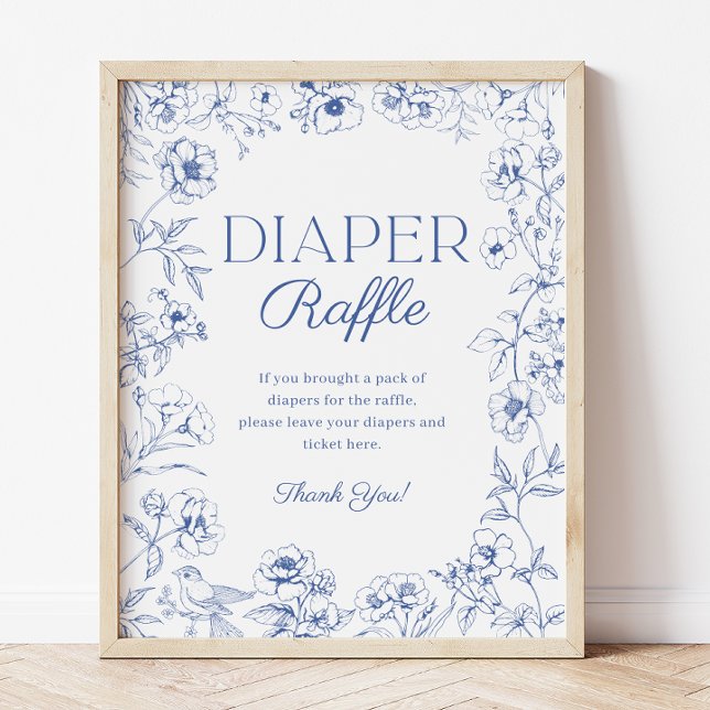 Poster Sinal de Fralda de Raffle da Chinoiserie Azul (Blue Chinoiserie Baby Shower Diaper Raffle Sign)