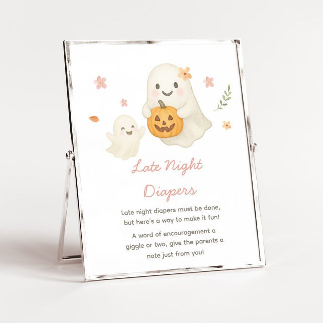 Poster Sinal de Fralda Noturna de Halloween Pequeno Boo R (Pink Halloween Little Boo Baby Shower Late Night Diapers SIgn)