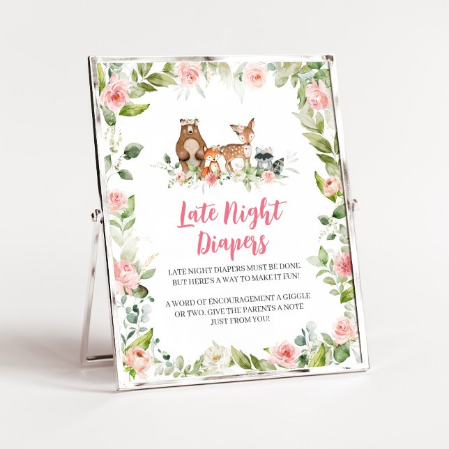 Poster Sinal de Fralda Noturna para Chá de Bebê Floresta  (Girl Woodland Animals Baby Shower Late Night Diapers Sign)