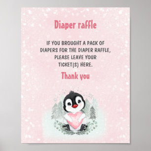 Poster Sinal de Fralda rosa-Chá de fraldas-pinguim-pinho-