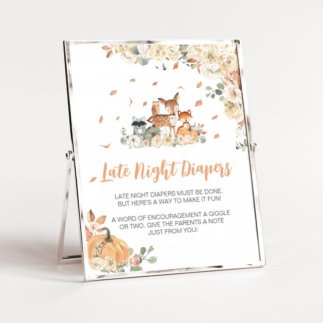 Poster Sinal de Fraldas Noturnas Animais Florestais Flora (Floral Woodland Animals Baby Shower Late Night Diapers Sign)