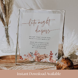 Poster Sinal de Fraldas Noturnas para Chá de Bebê Floral 