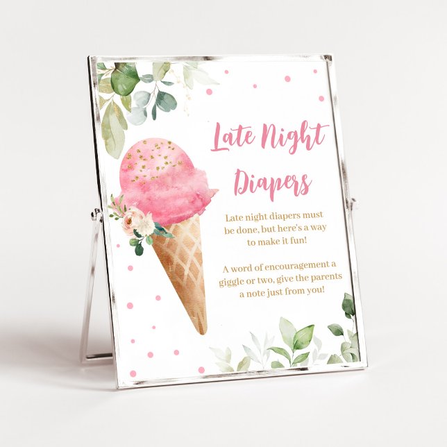 Poster Sinal de Fraldas Noturnas para Chás de Bebê com So (Girl Ice Cream Baby Shower Late Night Diapers Sign)