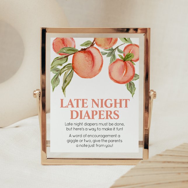 Poster Sinal de Fraldas Noturnas para Chás de Bebê Menina (Peach Summer Baby Shower Late Night Diapers Sign)