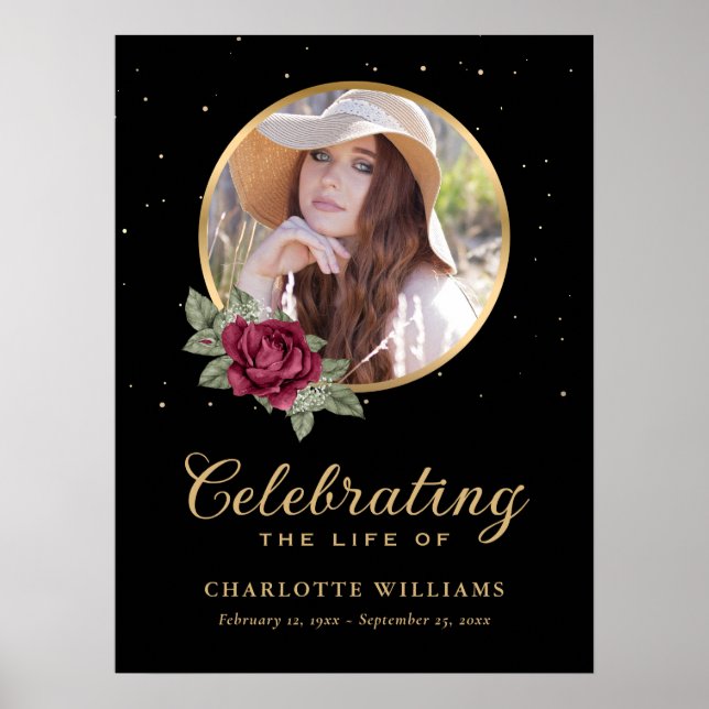 Poster Sinal de Funeral Floral Dourado Borgonha Preto (Frente)