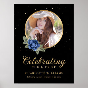 Poster Sinal de Funeral Floral Preto Azul Dourado