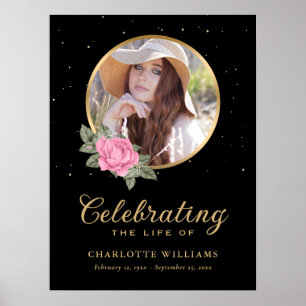 Poster Sinal de Funeral Floral Preto Rosa Dourado