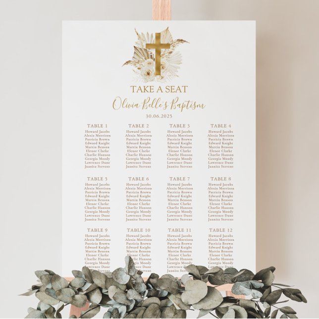 Poster Sinal de Gráfico Sentado do Batismo Neutro Dourado (Boho Neutral Baptism Seating Chart | Matching items available)