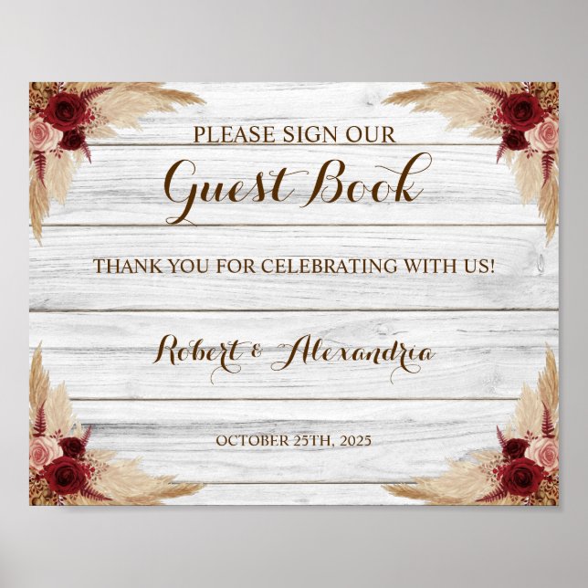 Poster Sinal de Grama das Pampas Livro de Visitas Casamen (Frente)