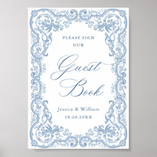Poster Sinal de Guestbook Azul Dusty do Ornamentado Renas